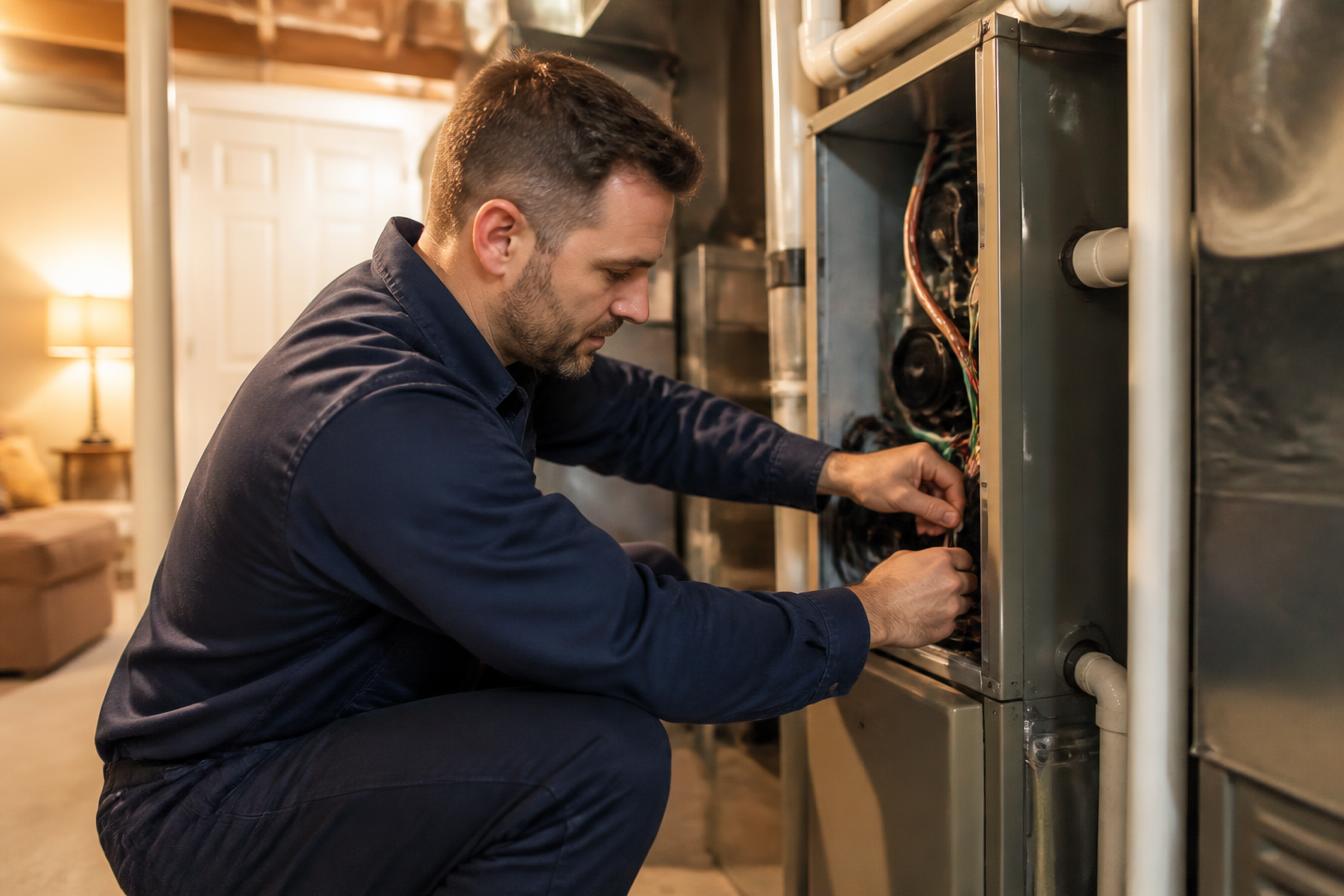 HVAC technician servicing a premium home heating system